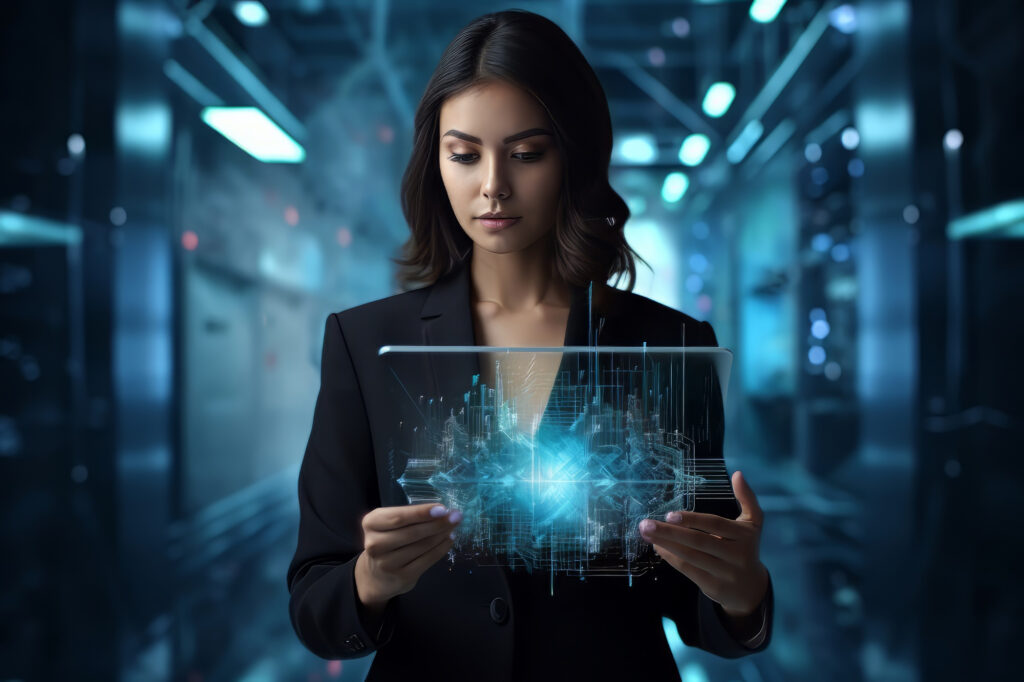 Futuristic picture of a young woman in a business suit holding a clear data tablet. She appears to be walking down an aisle in a computer data center.