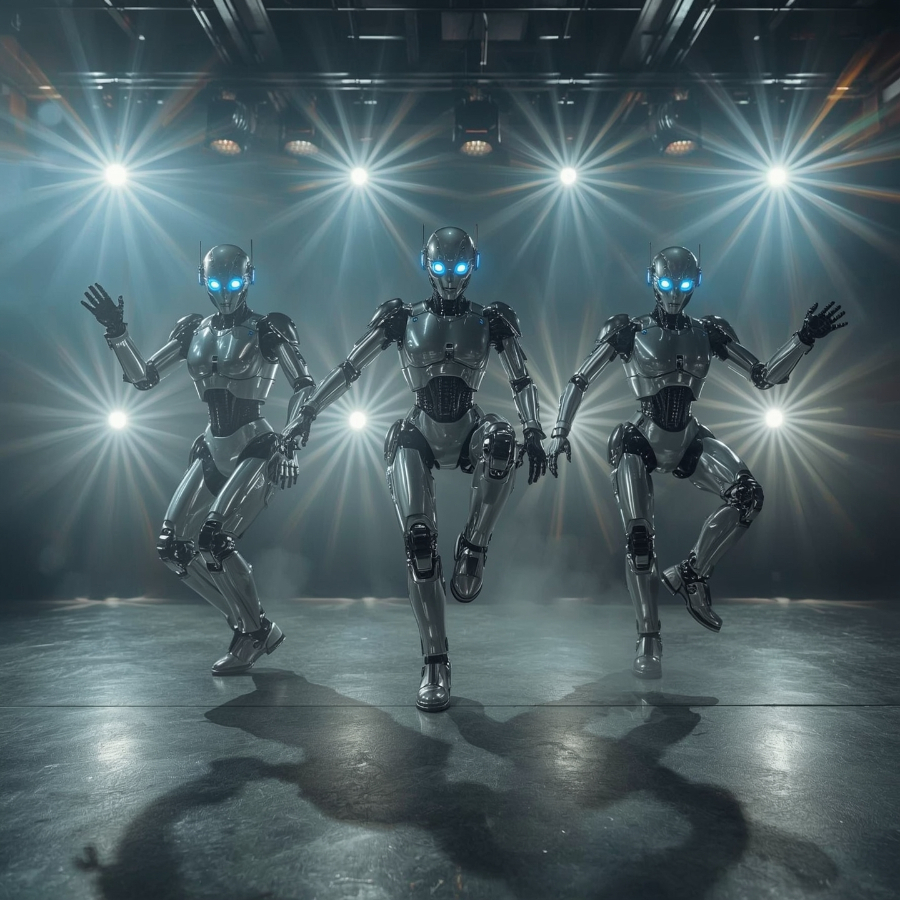 Three robots dancing on a stage with bright lights behind them.