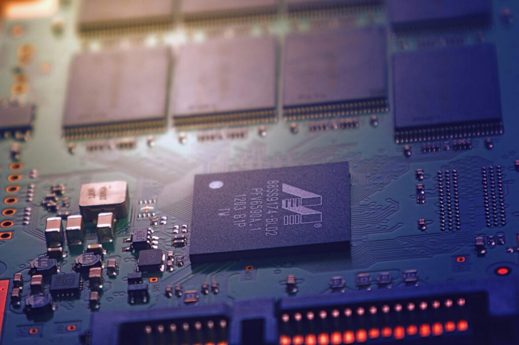 Closeup shot of a circuit board showing integrated chips.