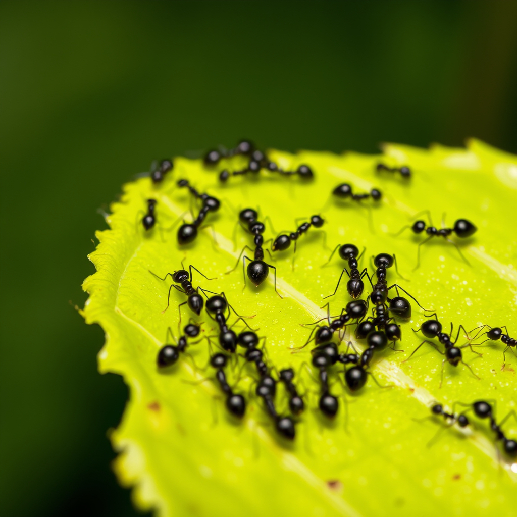 A picture of many black ants on a leaf, viewed from about five feet away.